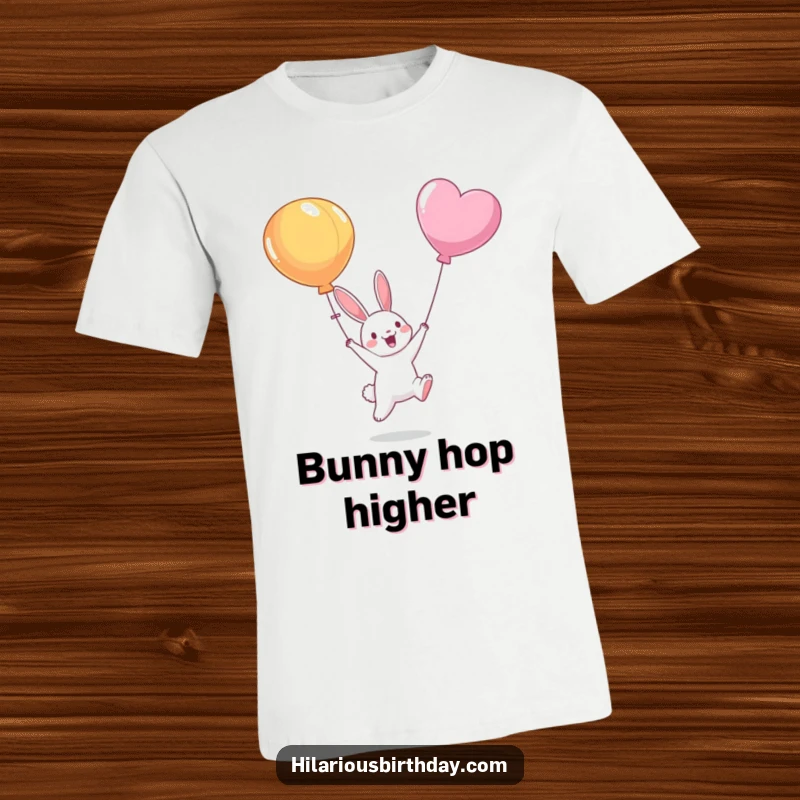 Funny t-shirt showcasing a joyful bunny character mid-air, attempting to grab a drifting balloon, expressing pure delight and playful energy.