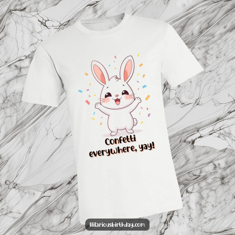 Funny cheerful rabbit tossing confetti with enthusiasm, printed on a t-shirt, a fun and funny gift item.