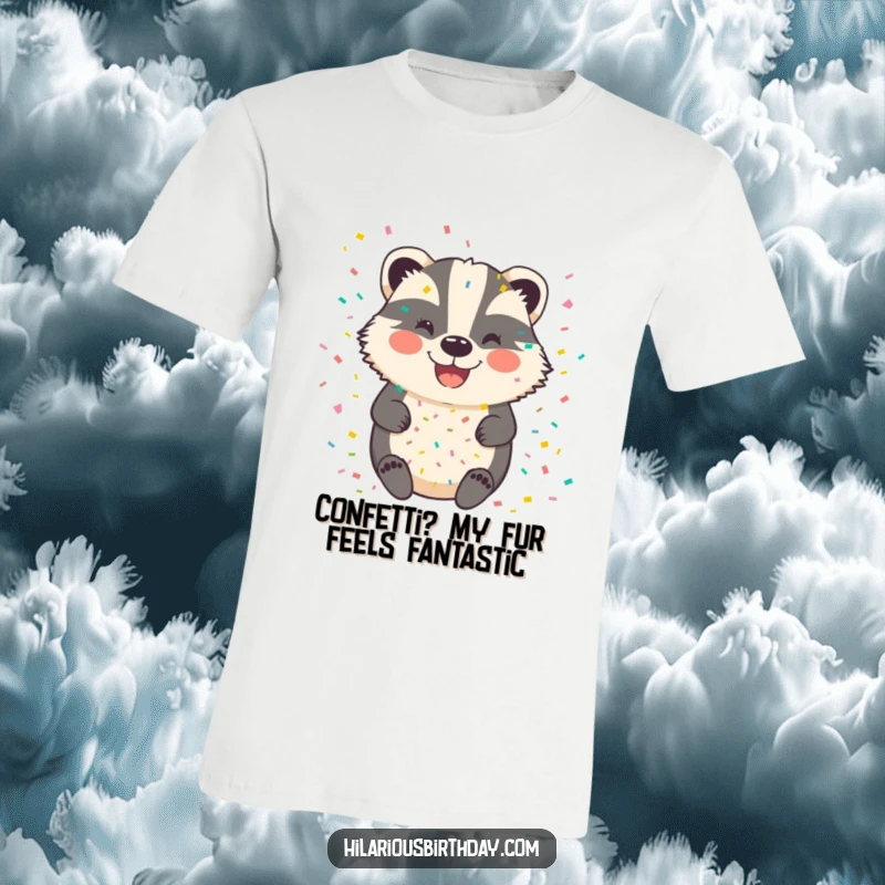 Funny badger t-shirt showing a very happy badger with a huge smile, completely covered in festive confetti.