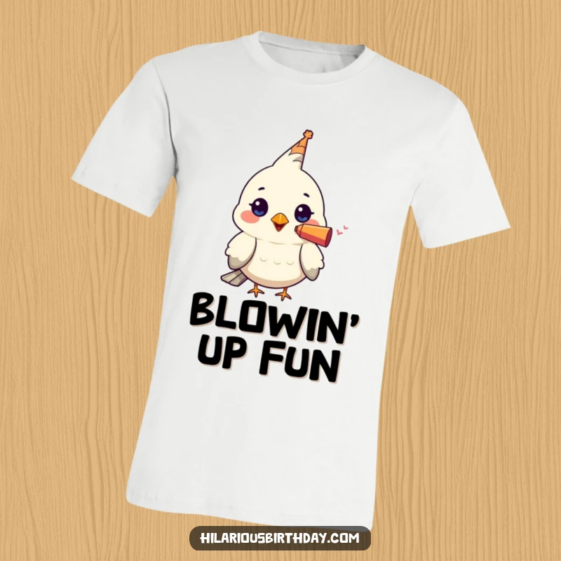 Funny t-shirt with a kawaii bird character wearing a tiny party blower in its beak, embodying playful celebration and joyous festivity.