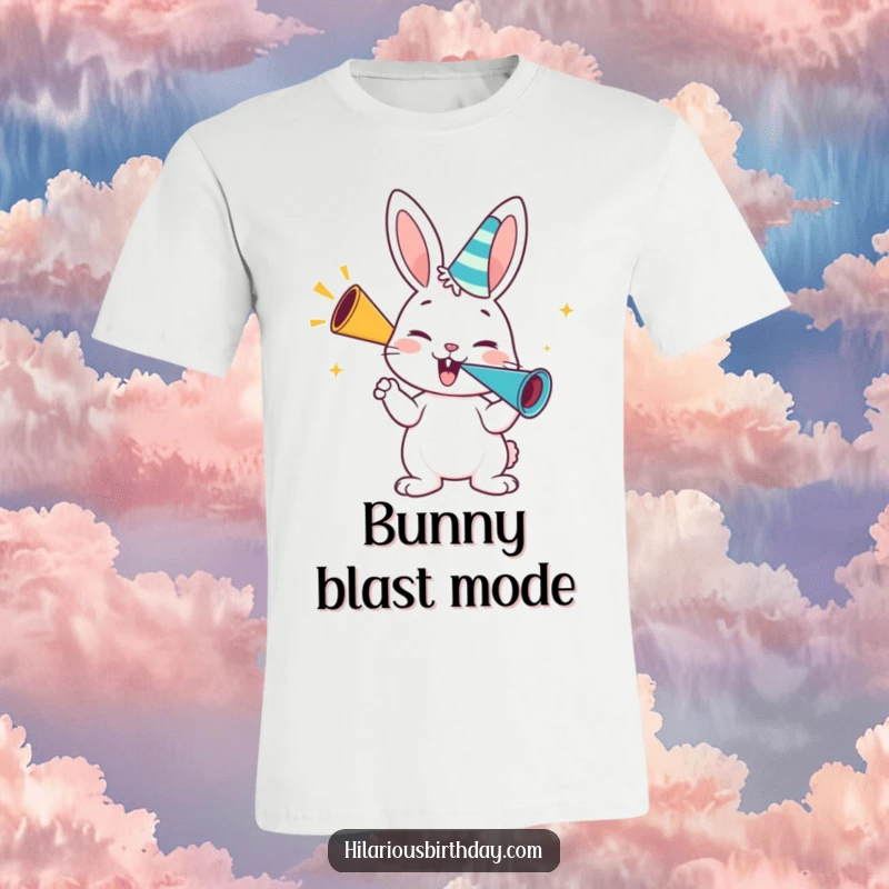 Funny bunny t-shirt, a happy bunny character blowing enthusiastically on a party horn, showing energetic celebration.