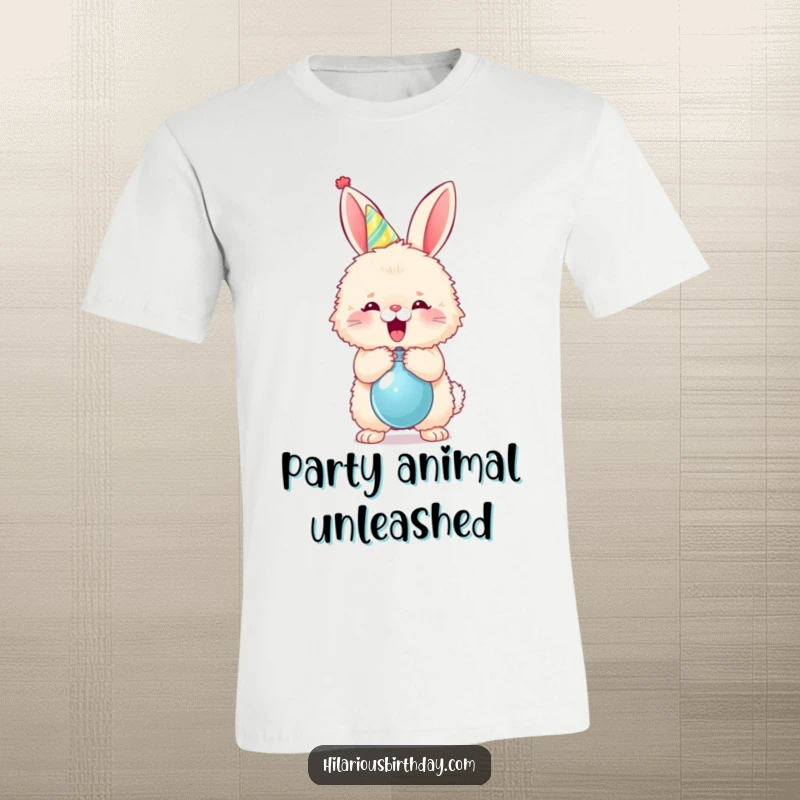 Funny fluffy bunny in a party hat enthusiastically popping a balloon on a t-shirt, embodying festive celebration.