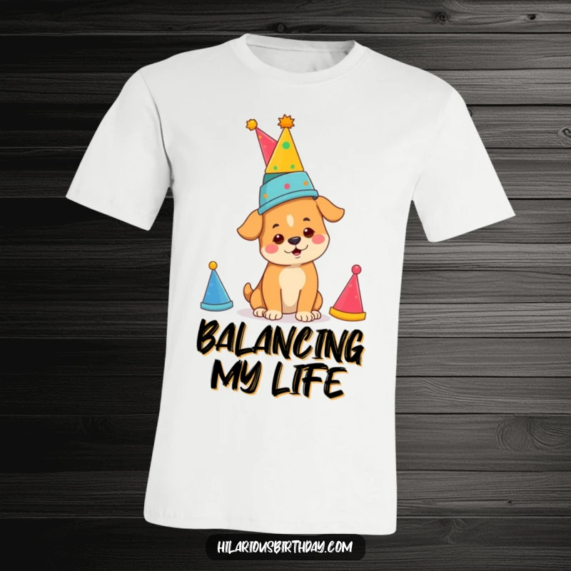 Funny determined dog balancing party hats, printed on a t-shirt, a fun and funny gift item.