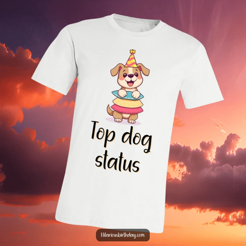 Funny t-shirt depicting a happy dog character balancing an precarious stack of party hats, embodying playful celebration and skill.