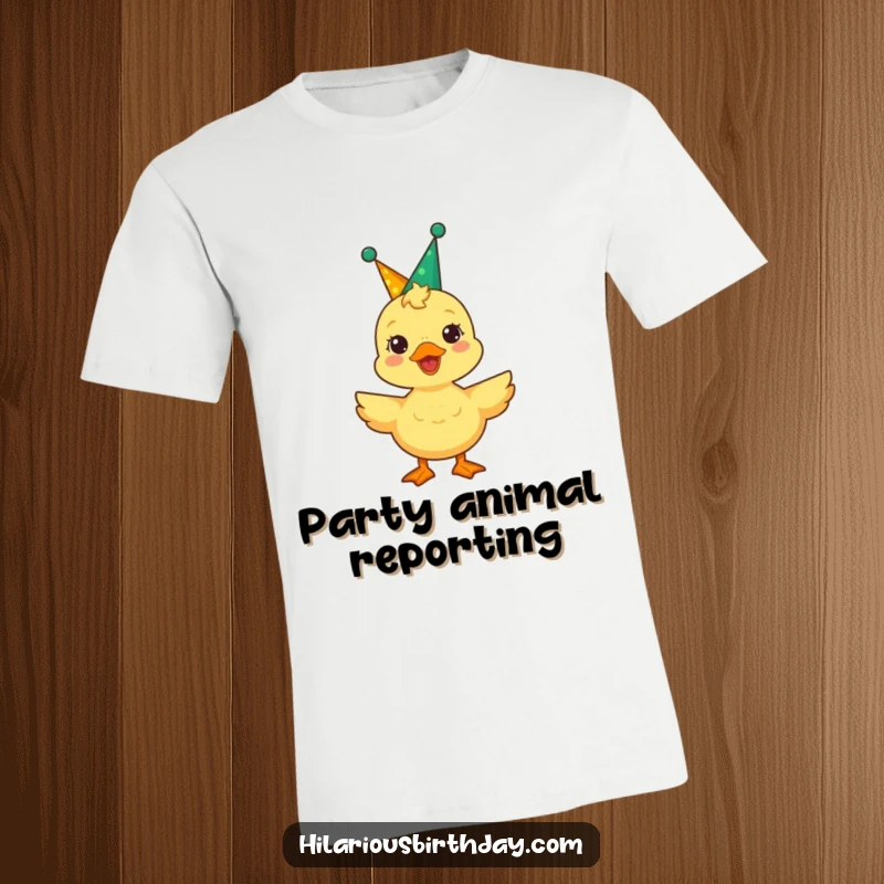 Funny duckling in a party crown joyfully quacks on this t-shirt, a celebration of fun and happiness.