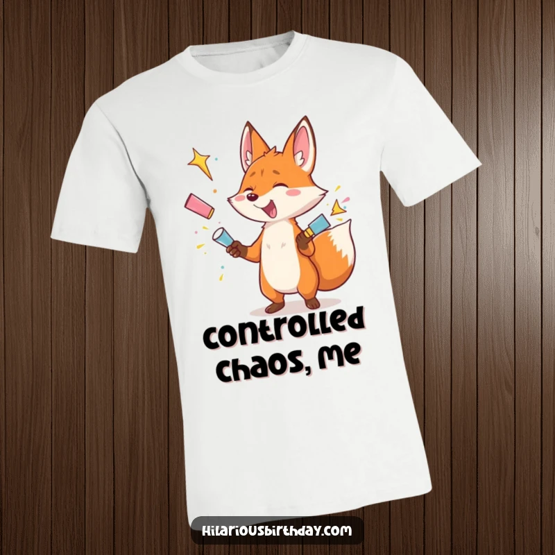 Funny t-shirt with a gleeful fox character juggling several exploding party poppers, showcasing a wild and humorous celebration.