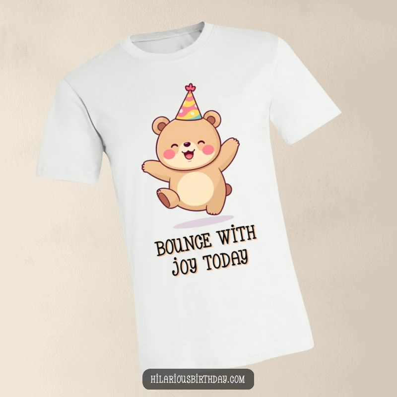Funny kawaii bear wearing a party hat, enthusiastically jumping with joy, a hilarious and cute t-shirt for parties.