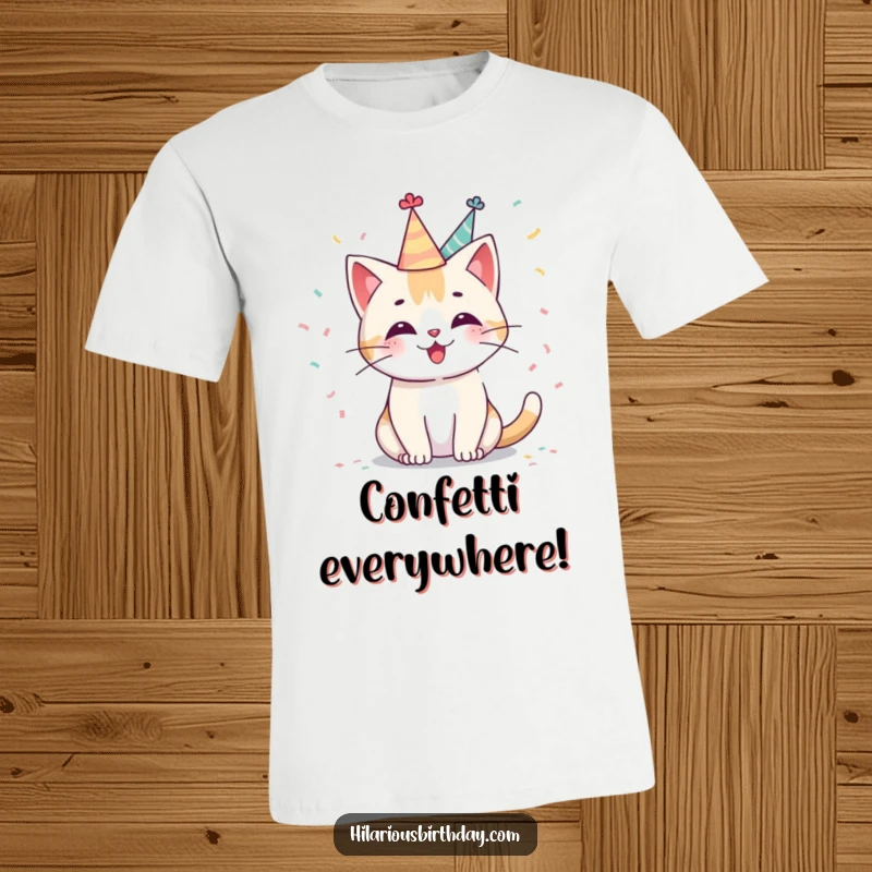 Funny Kawaii cat t-shirt with a cute character in a party hat, joyfully tossing confetti, a cheerful and humorous animal design.