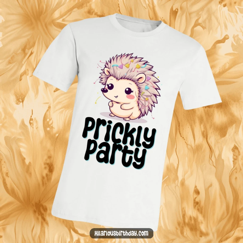 Funny Kawaii hedgehog adorned with streamers and glitter on a t-shirt, ready for a party, great funny gift.