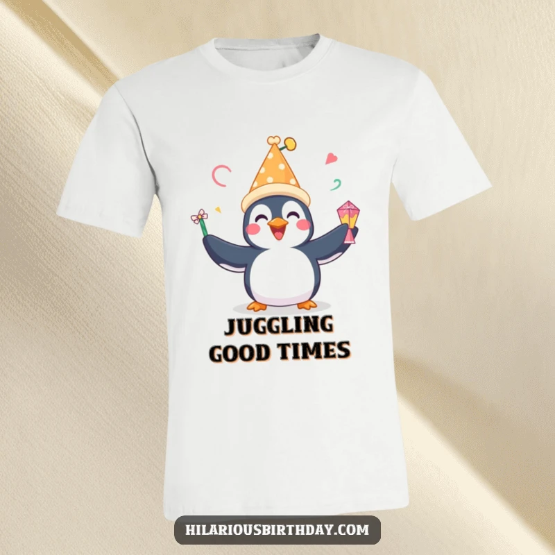 Funny t-shirt featuring a happy penguin wearing a festive hat, gleefully juggling party favors, perfect for spreading cheer.