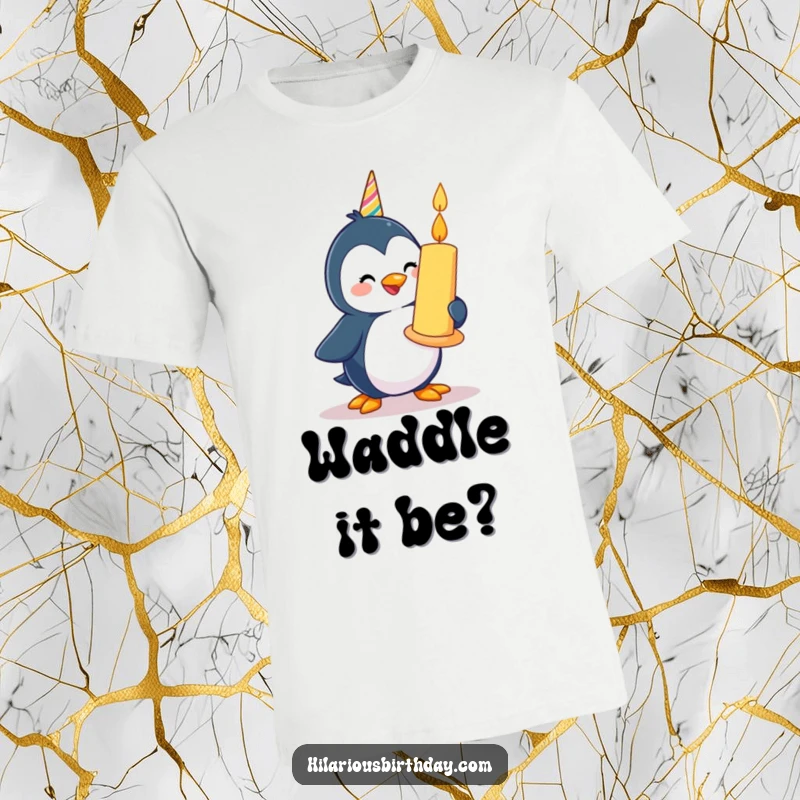 Funny happy penguin character waddling with a giant birthday candle, printed on a soft t-shirt.