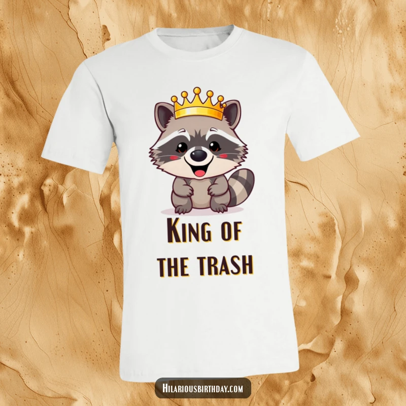 Funny happy raccoon character triumphantly wearing a shiny golden crown on this humorous t-shirt, exuding regal confidence, a great funny gift.