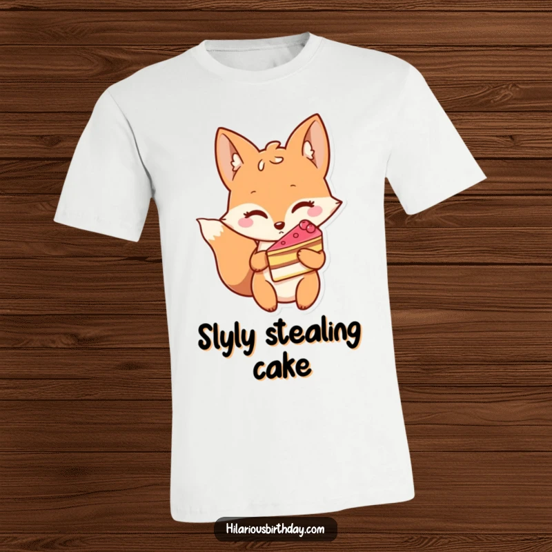 Funny t-shirt showing a winking fox character holding a slice of cake, capturing a mischievous and sweet moment.