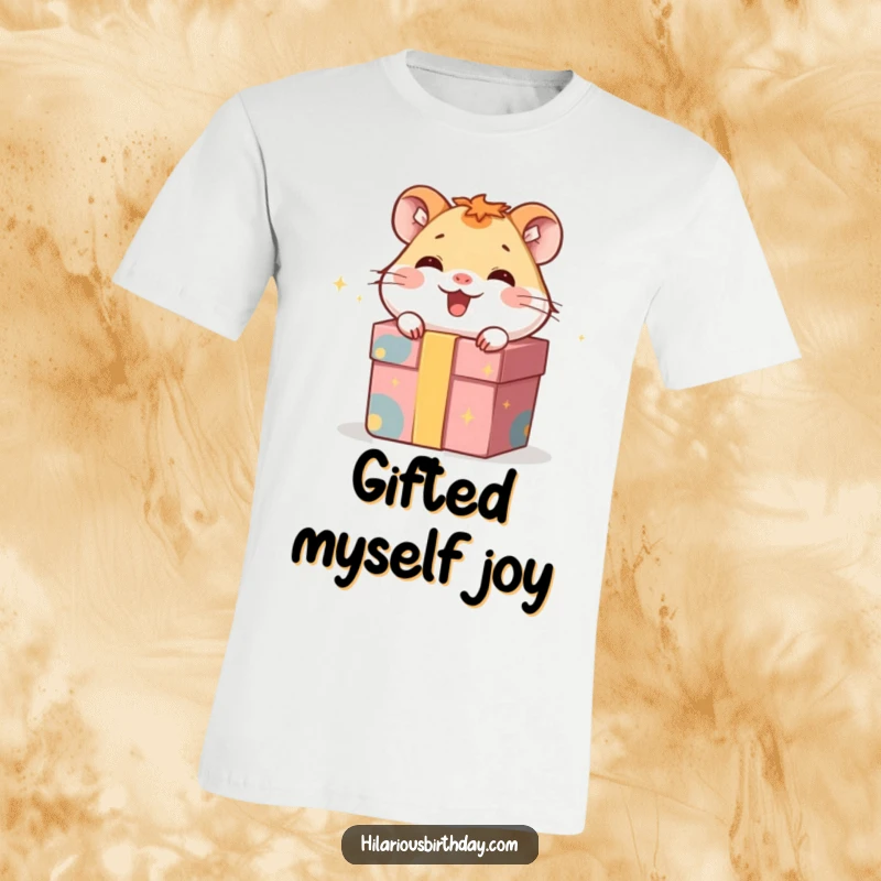 Funny t-shirt showcasing a giggling hamster character hiding inside a gift box, capturing a moment of playful joy.