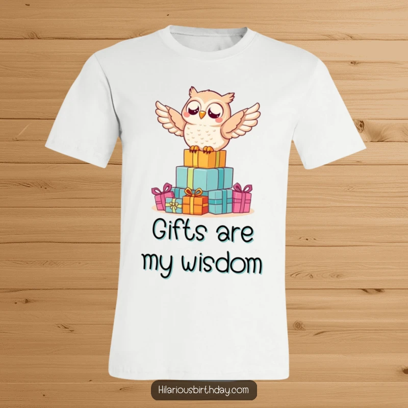 Funny owl t-shirt depicting a delighted owl joyfully riding on the crest of an enormous pile of wrapped gifts.
