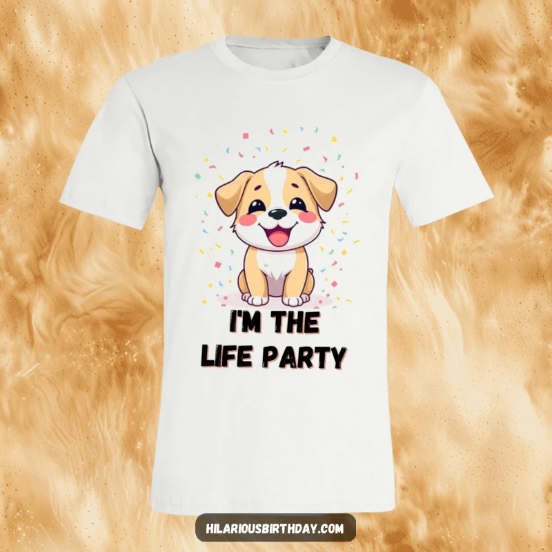 Funny dog t-shirt featuring a joyful dog character scattering colorful confetti, embodying boundless energy and celebratory vibes.