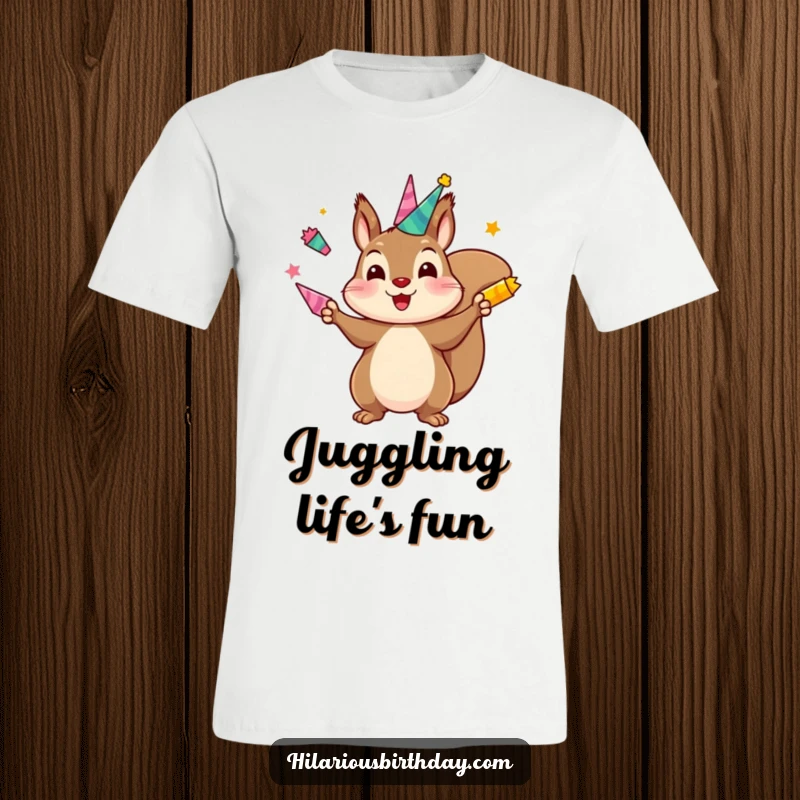 Funny t-shirt with a kawaii squirrel character juggling brightly colored party horns, depicting energetic fun and joyous celebration.