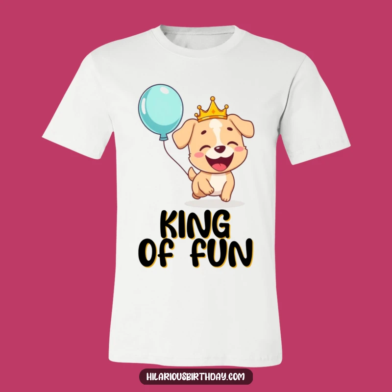 Funny Dog Crown T-Shirt: Giggling Pup Chasing Balloon, Regal Fun Tee