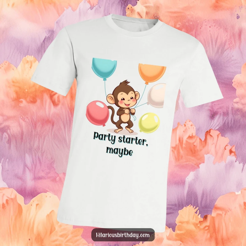 Funny monkey t-shirt featuring a mischievous monkey hilariously trying to tie balloons together, full of playful energy.
