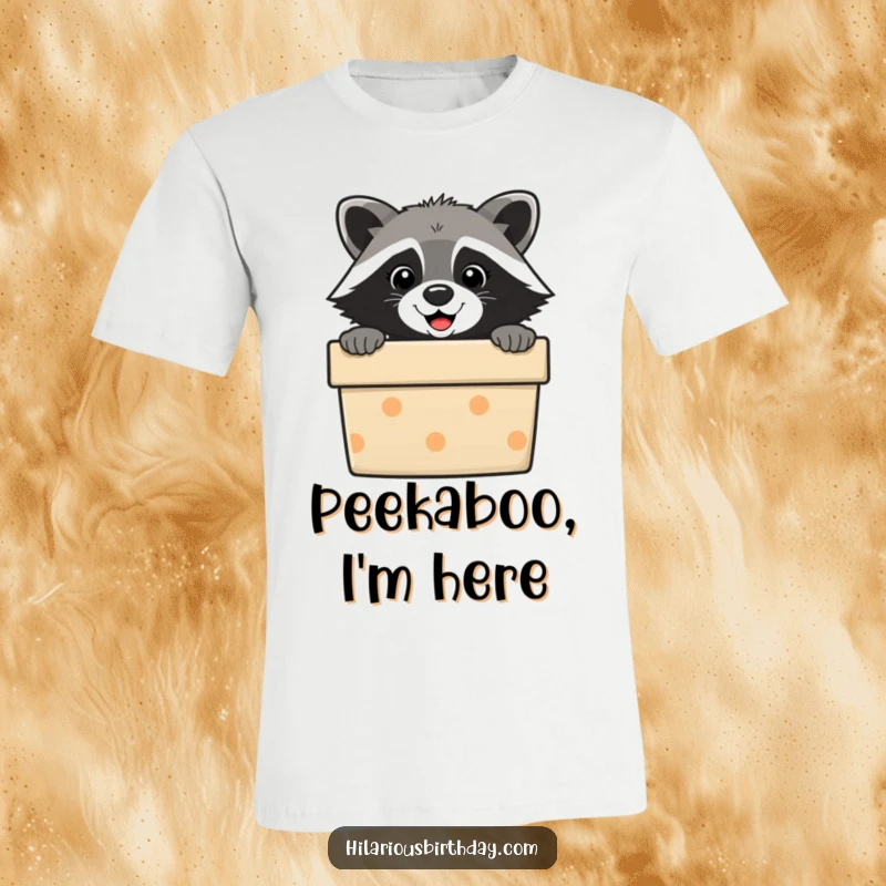 Funny raccoon t-shirt, peeking playfully out of a present box. A cute and humorous design for animal lovers.