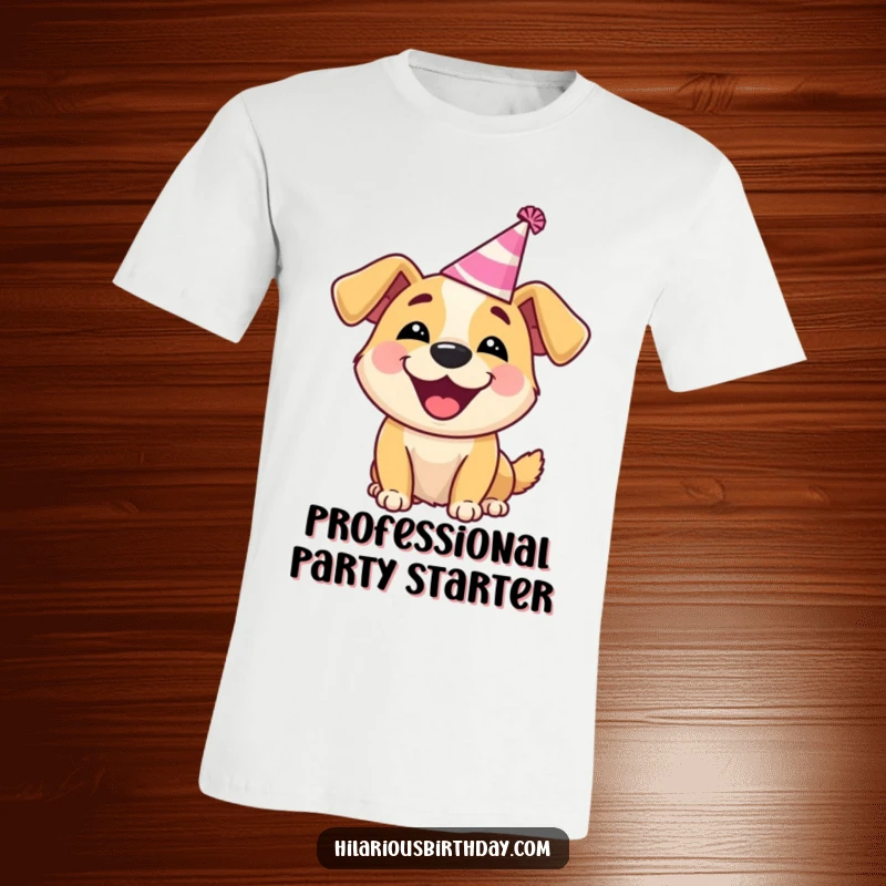 Funny Dog T-Shirt: Delighted dog wearing a silly party hat, barking happily, perfect for celebrations.