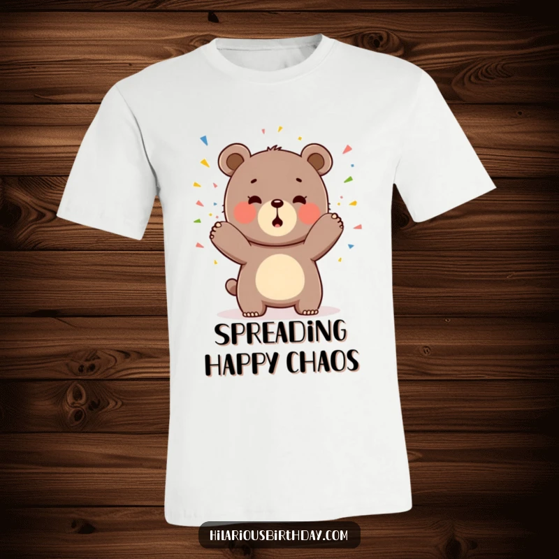 Funny t-shirt showcasing a happy Kawaii bear gleefully tossing colorful confetti, celebrating with pure delight.