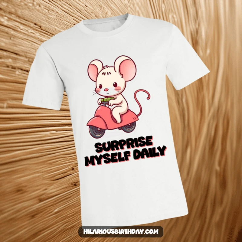 Funny kawaii mouse character riding a gift that is unwrapping, perfect for an adventurous t-shirt.