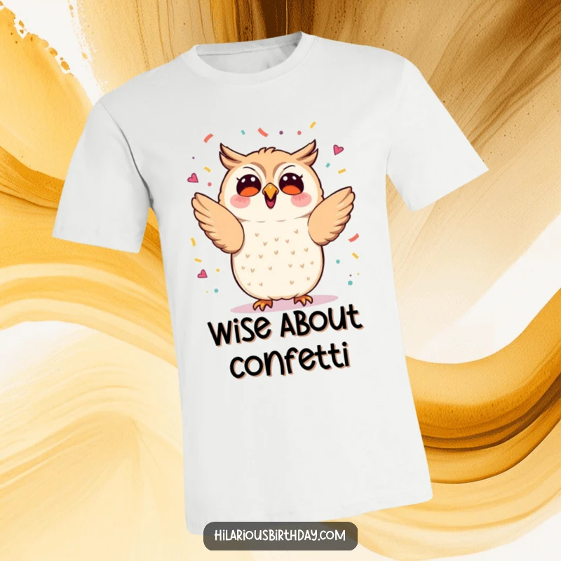 Funny kawaii owl enthusiastically tossing confetti into the air, a fun-filled party t-shirt, excellent funny gift.