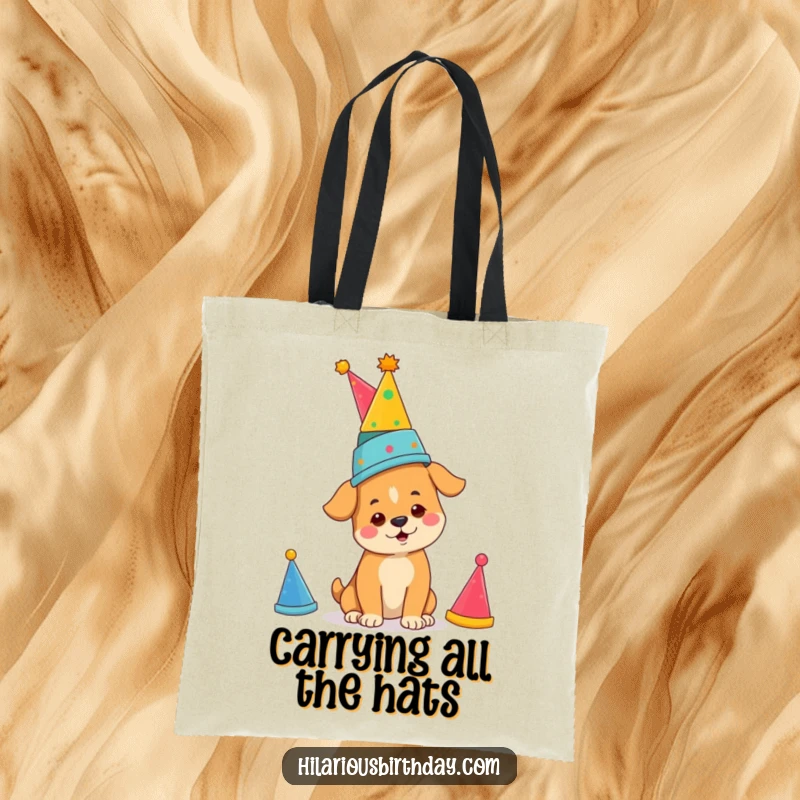 Funny determined dog balancing party hats, on a tote bag, ideal for carrying items with funny, focused flair.