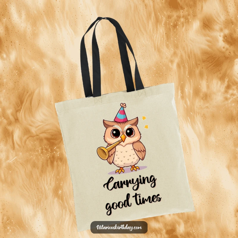 Funny tote bag with a cheerful owl wearing a party hat and blowing a trumpet.