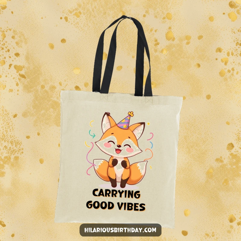 Funny Fox Party Tote Bag: Cheerful fox character wearing a party hat, enthusiastically twirling with streamers, a fun accessory.