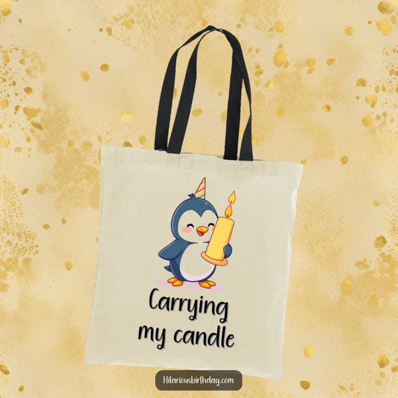 Funny happy penguin character waddling with a giant birthday candle, on a durable tote bag.