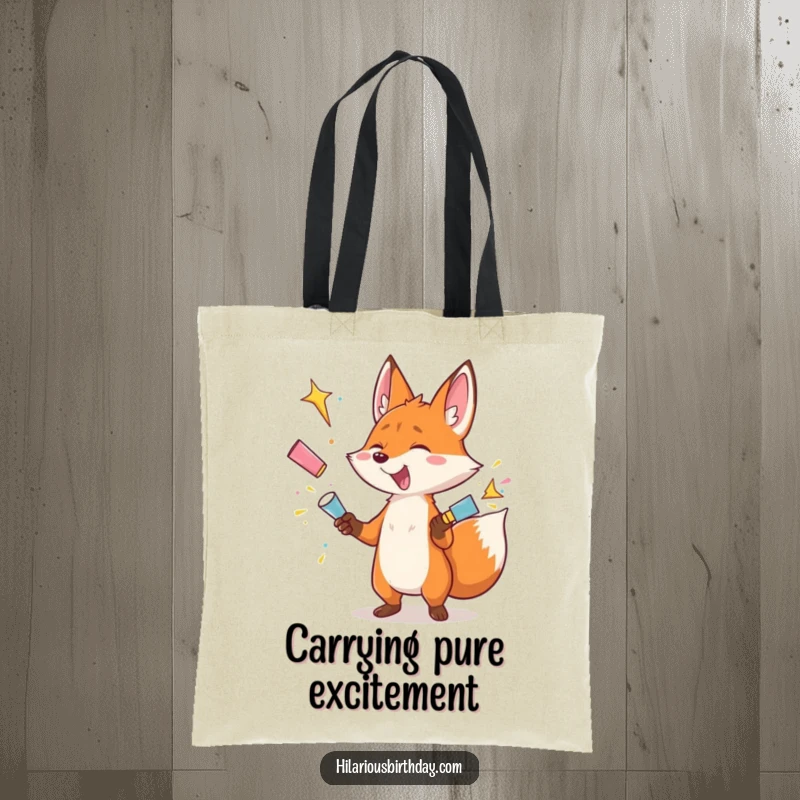 Funny tote bag with a gleeful fox character juggling exploding party poppers, a humorous representation of festive energy.