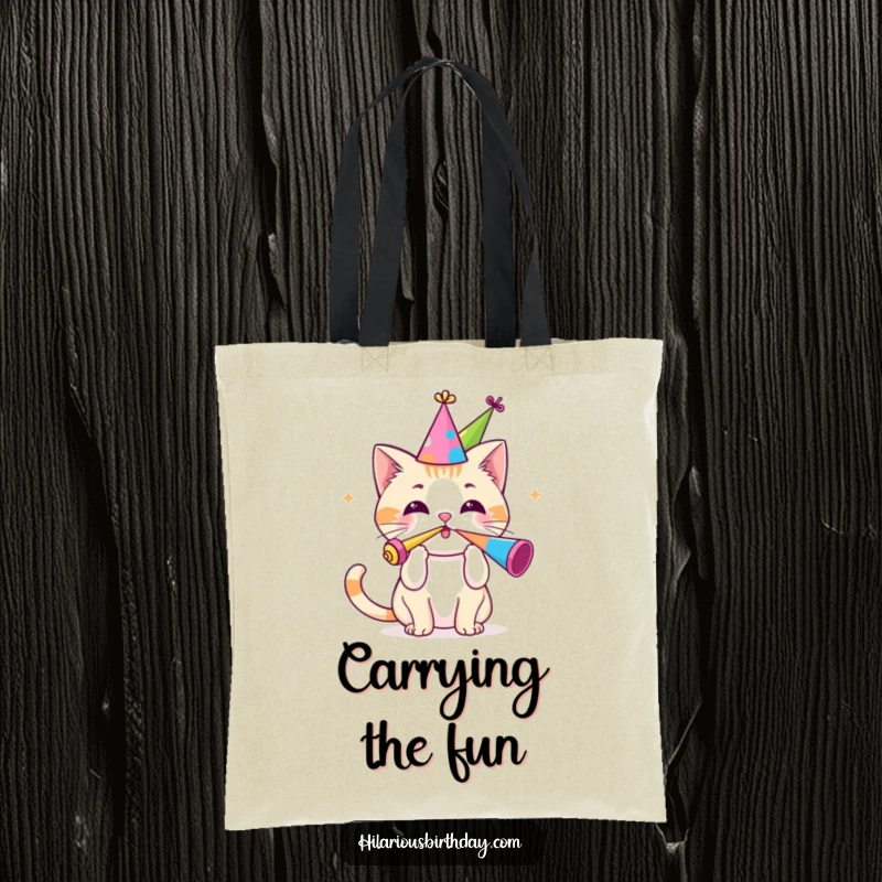 Funny tote bag showcasing a cute Kawaii cat adorned with a party hat, enthusiastically blowing a party horn.