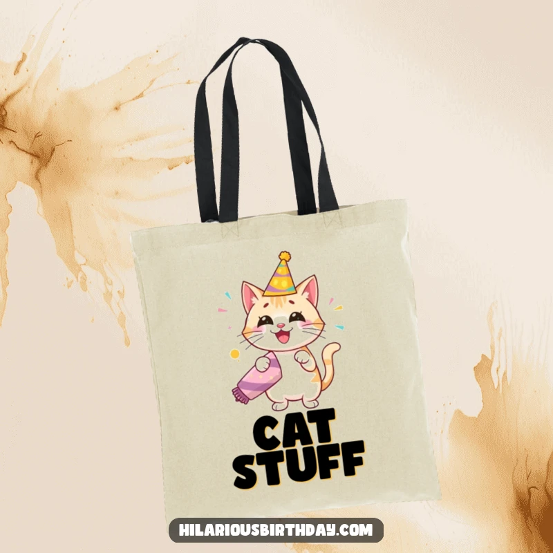 Funny tote bag featuring a happy cat in a festive hat, energetically popping a giant party popper, perfect for carrying party essentials.