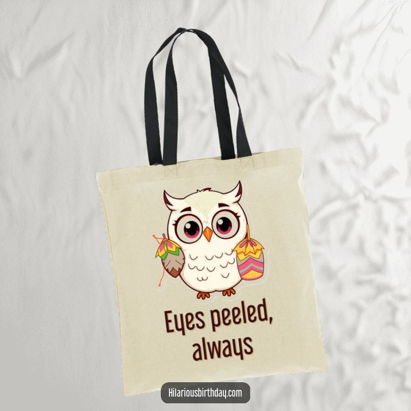 Funny Kawaii Owl Tote Bag: A wide-eyed, comical owl character is surprised by a piñata, showcasing an adorable and funny design.