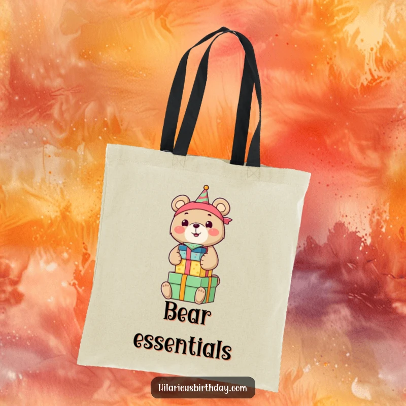 Funny tote bag featuring a smiling bear in a birthday bandana, gleefully stacking colorful gift boxes, perfect for carrying party essentials.