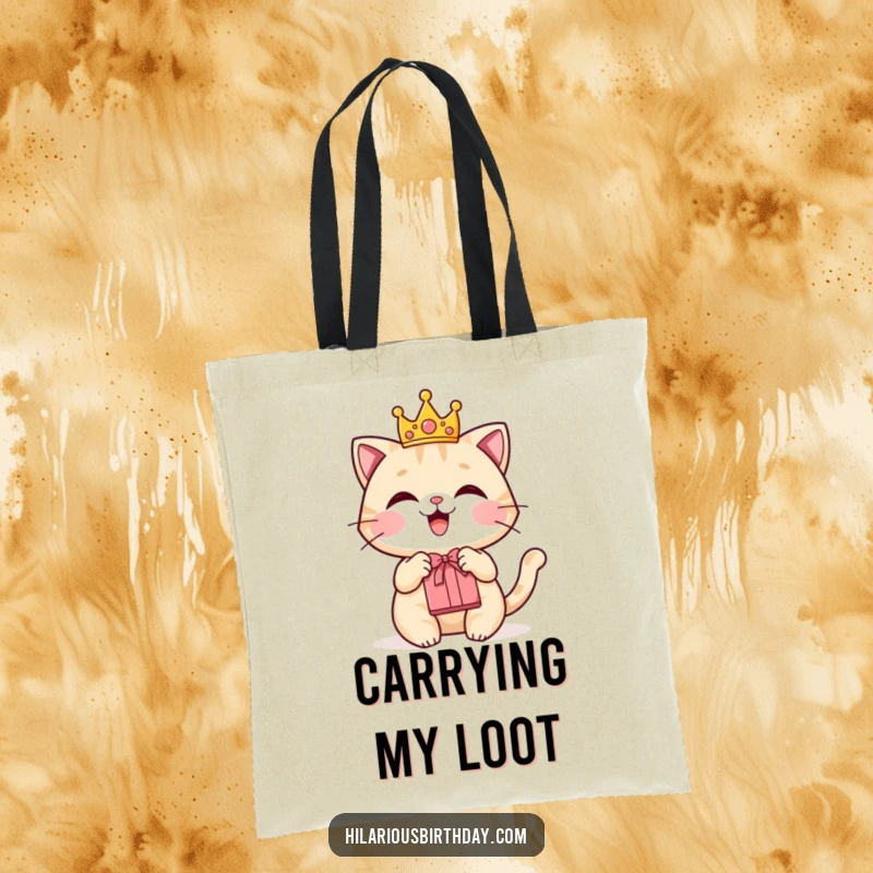 Funny tote bag with a delighted cat character wearing a crown and holding a gift bag.