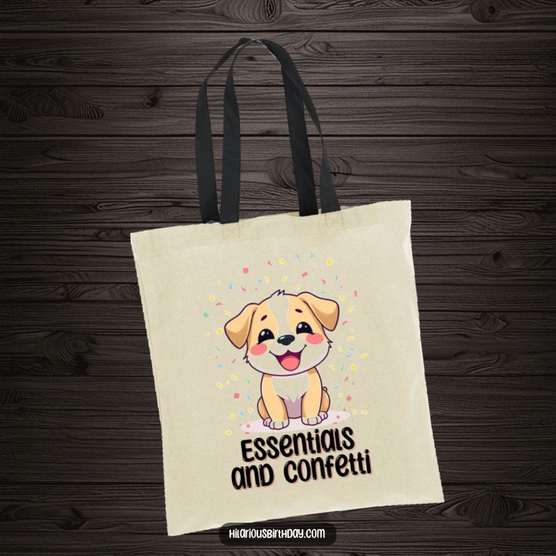 Funny dog tote bag with a joyful dog character scattering colorful confetti, ready to carry your items with flair.