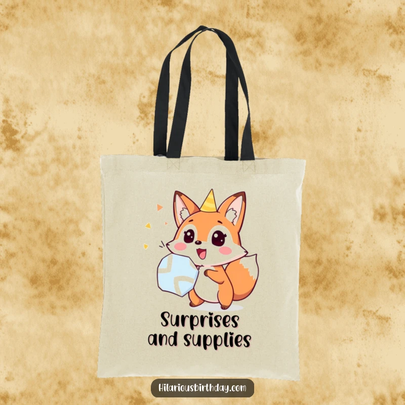 Funny fox popping a party popper with surprise, on a tote bag, ideal for carrying items with funny, surprising flair.