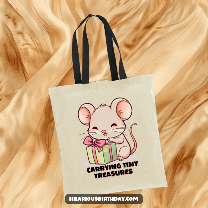 Funny kawaii mouse excitedly unwrapping a tiny, wrapped gift, a cute tote bag, great for carrying presents.