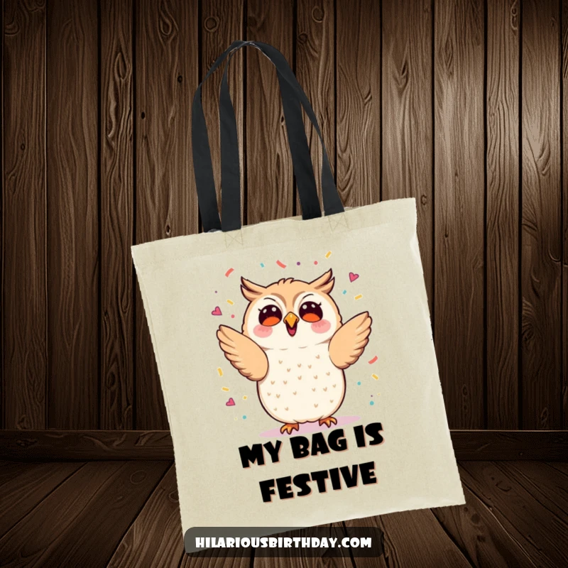 Funny kawaii owl enthusiastically tossing confetti, a stylish tote bag, great for carrying party supplies.
