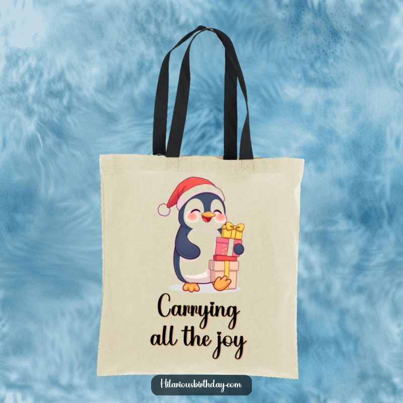 Funny tote bag illustrated with a cheerful, giggling penguin struggling comically with a precarious stack of gifts.