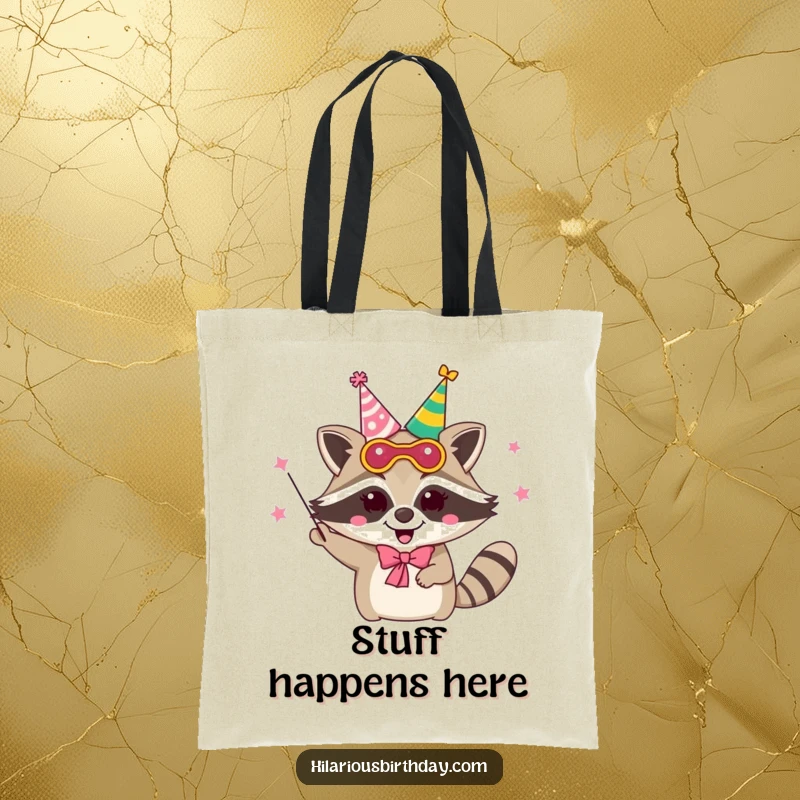 Funny delighted raccoon character wearing a party mask and juggling party hats, on a durable tote bag.