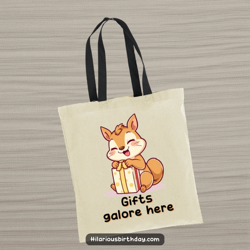 Funny giggling squirrel character rapidly unwrapping a gift with excited paws, on a durable tote bag.