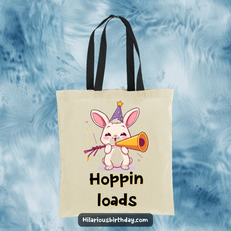 Funny tote bag featuring a playful rabbit in a party hat, joyfully blowing a giant party horn, perfect for carrying party essentials.