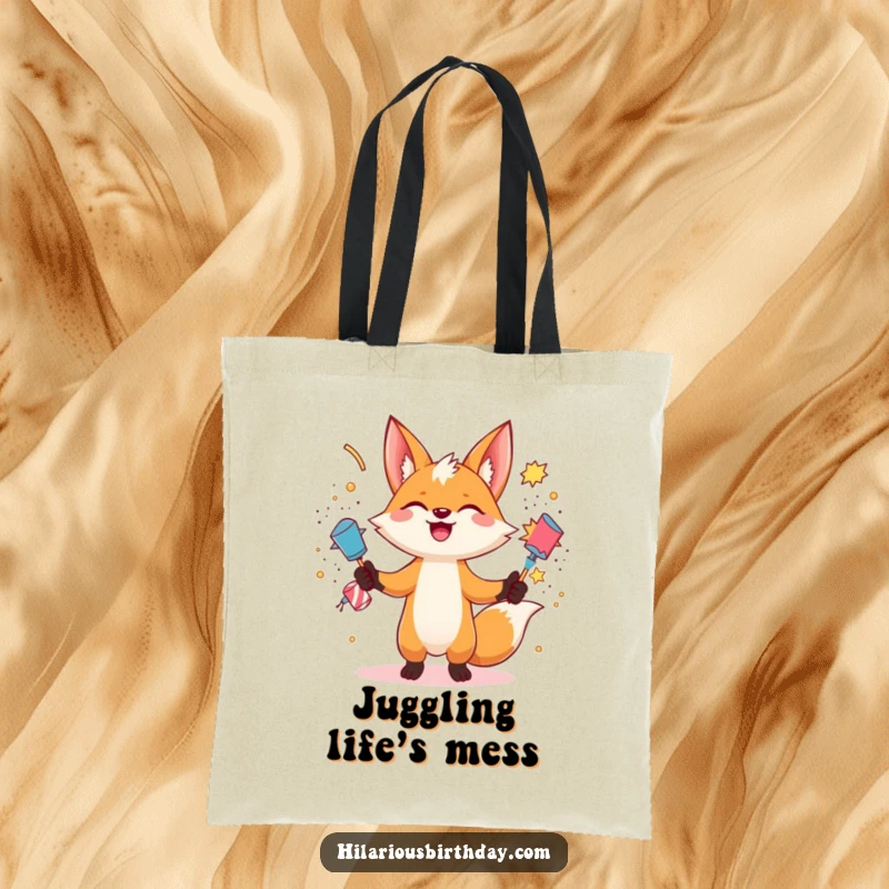 Funny gleeful fox character juggling exploding party poppers on this durable tote bag, a humorous and practical funny gift.