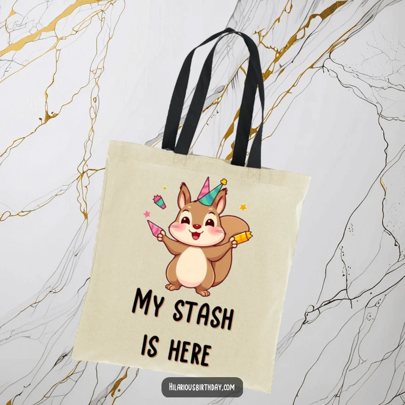Funny tote bag with a kawaii squirrel character juggling brightly colored party horns, perfect for carrying items with a humorous and energetic style.