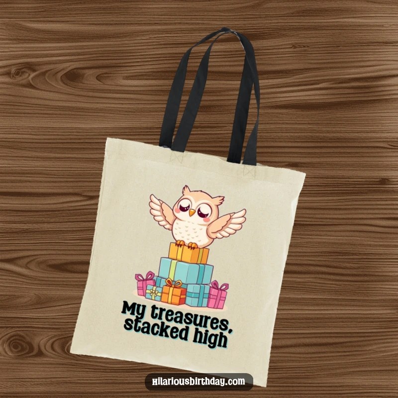 Funny owl tote bag featuring a delighted owl happily perched atop a large, overflowing pile of festive gifts.